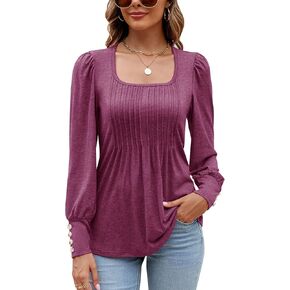 ZHENWEI المرأة ساحة الرقبة تونك القمم نفخة كم طويل مطوي تي شيرت فلوي زر الأصفاد بلوزة عصرية عادية in Kuwait