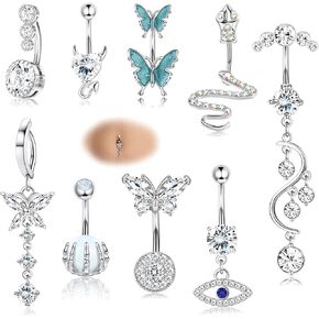 Fansilver 14G حلقات زر البطن الجراحية الصلب الفرس حلقات زر البطن المتدلية تشيكوسلوفاكيا حلقات السرة للنساء لطيف فراشة عين الشر القلب زر البطن ثقب الحديد مجوهرات الجسم in Kuwait