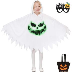 QUJQOM Ghost Costume Kid White Ghost Boo Toddler Halloween Costume Glow in Dark Hooded Cloak Spooky Trick or Treating Cosplay in Kuwait