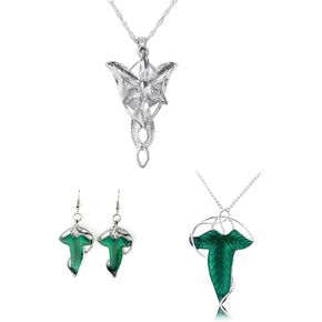 3 قطع مجموعة واحدة من لورد أوف ذا رينغز أروين ايفنستار قلادة أوراق خضراء وأقراط متدلى 925 فضة مطلي أبيض 3 أمبير زركونيا الجنية الأميرة الشفق ستار قلادة in Kuwait