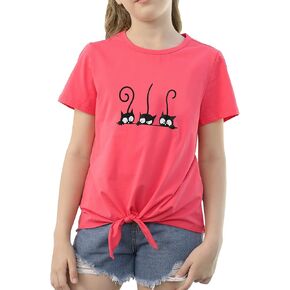 Girls T-Shirt Tie Knot Front Short Sleeve Casual Cute Print Tee Crew Neck Lovely Loose Summer Solid Blouse Tops Size 4-13