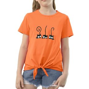 Girls T-Shirt Tie Knot Front Short Sleeve Casual Cute Print Tee Crew Neck Lovely Loose Summer Solid Blouse Tops Size 4-13
