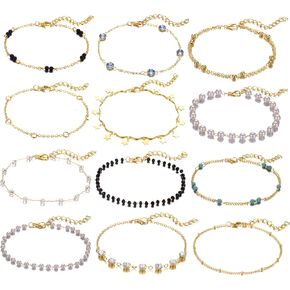 Softones 12Pcs Boho Silver Gold Small Beads Ankle Bracelets for Women Crystal Pearl Anklets Set for Girls Adjustable Chain Beach Foot Jewelry