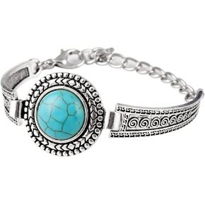 COLORFUL BLING Bohemian Turquoise Engraved Cuff Bracelet Natural Stone Adjustable Wrap Bangle Western Style Gemstone Boho Jewelry for Women Girls