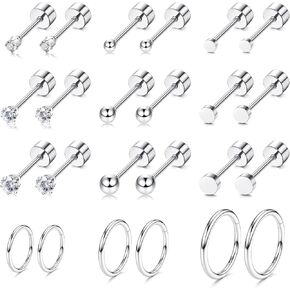 LOYALLOOK 12Pairs Cartilage Earrings Tiny Stud Earring for Women Gold Plated Stainless Steel Earrings set Sets for Multiple Piercing Small Hoop Huggie Earrings CZ Ball Flat Back Earrings in Kuwait