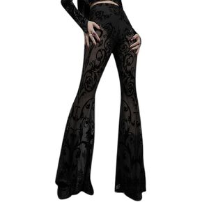 Women Rave Sheer Mesh Shiny Pants Flared High Waist Bell Bottom Pants for Party Dance Festival in Saudi Arabia