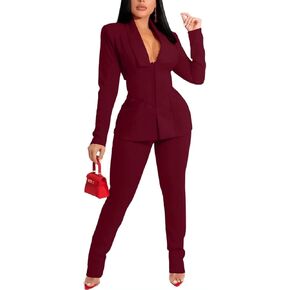 بدلة نسائية أنيقة مكونة من قطعتين وفتحة رقبة على شكل V عميقة ومفتوحة من الأمام وسترة طويلة وبنطلون بدلة مكتب مع حزام باللون الأحمر الخمري 2XL in Kuwait