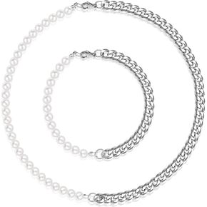 Yonhi 18K Gold Stainless Steel Cuban Chain Pearl Chain Necklace Bracelet Set for Men，Pearl Chain Jewelry Set for Women,Half Pearl Half Chain Necklace Bracelet Gift