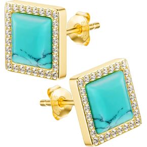 أقراط BTOYM باللون الفيروزي 18 قيراط مطلية بالذهب 925 من الفضة الإسترليني دائرية/مثلث/مربع/أقراط على شكل قلب مع مكعب زركونيا أقراط أحجار كريمة أنيقة للنساء والفتيات in Kuwait