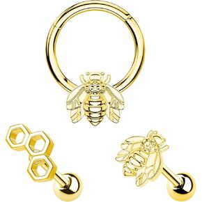 Melighting 3pcs Bee Cartilage Earrings 316L Surgical Steel 16G Septum Jewelry Helix Earrings Honeycomb Tragus Earring Stud for Men Women Daith Piercing Rook Conch Earring Piercing Body Jewelry