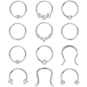 YADOCA 12PCS 16G Septum Rings Surgical Steel Septum Nose Piercing Jewelry Septum Clicker Nose Rings Hoops for Women Men Horseshoe Daith Helix Tragus Lip Cartilage Earrings Silver Gold 8MM 10MM