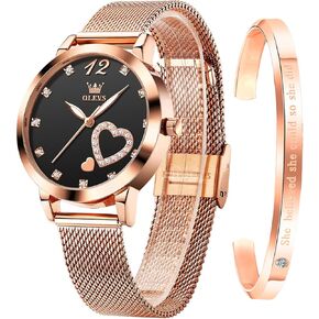 OLEVS Rose Gold Watch for Women Mesh Strap Fashion Dress Hearts Japanese Quartz Waterproof Luminous Ladies Watches Bracelet Sets