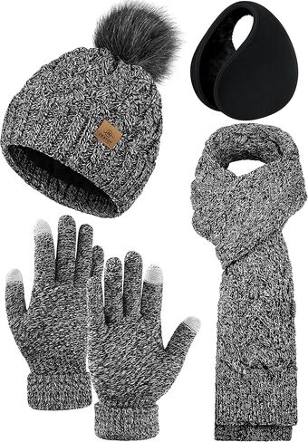URATOT 4 Packs Winter Warm Set Knitted Pompom Hat Scarf Touch Screen Gloves Ear Warmer 4 In 1 Set for Men or Women in Saudi Arabia