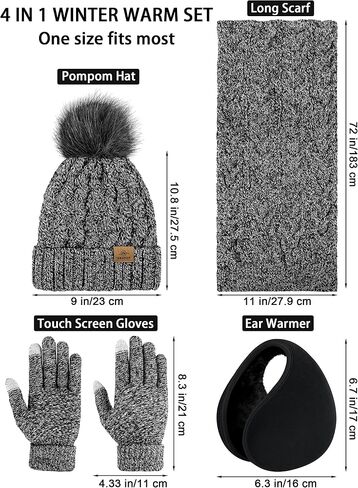 URATOT 4 Packs Winter Warm Set Knitted Pompom Hat Scarf Touch Screen Gloves Ear Warmer 4 In 1 Set for Men or Women in Saudi Arabia