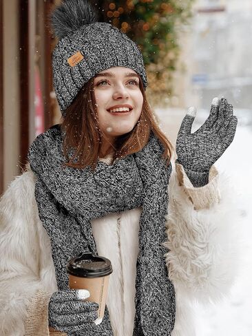 URATOT 4 Packs Winter Warm Set Knitted Pompom Hat Scarf Touch Screen Gloves Ear Warmer 4 In 1 Set for Men or Women in Saudi Arabia
