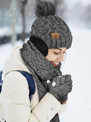 URATOT 4 Packs Winter Warm Set Knitted Pompom Hat Scarf Touch Screen Gloves Ear Warmer 4 In 1 Set for Men or Women in Saudi Arabia