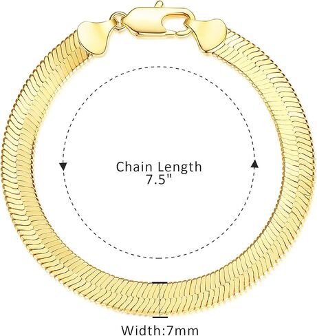 Wowshow Real Gold Plated Snake Chain Bracelet Flat Herringbone Chain Link Bracelet for Women Teen Girls 7INCH 4.5MM 7MM in Kuwait
