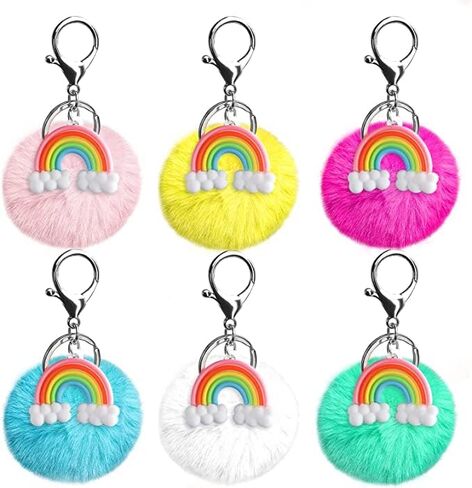 6 قطع قوس قزح بوم بوم سلاسل المفاتيح لطيف نفخة الكرة مفتاح سلسلة فو الأرنب رقيق الكرة المفاتيح لسيارة حلقة رئيسية حقيبة يد حلية حمل قلادة in Kuwait