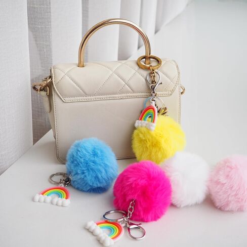 6 قطع قوس قزح بوم بوم سلاسل المفاتيح لطيف نفخة الكرة مفتاح سلسلة فو الأرنب رقيق الكرة المفاتيح لسيارة حلقة رئيسية حقيبة يد حلية حمل قلادة in Kuwait