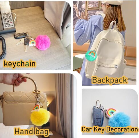 6 قطع قوس قزح بوم بوم سلاسل المفاتيح لطيف نفخة الكرة مفتاح سلسلة فو الأرنب رقيق الكرة المفاتيح لسيارة حلقة رئيسية حقيبة يد حلية حمل قلادة in Kuwait