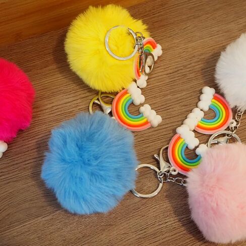 6 قطع قوس قزح بوم بوم سلاسل المفاتيح لطيف نفخة الكرة مفتاح سلسلة فو الأرنب رقيق الكرة المفاتيح لسيارة حلقة رئيسية حقيبة يد حلية حمل قلادة in Kuwait