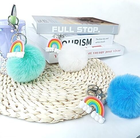 6 قطع قوس قزح بوم بوم سلاسل المفاتيح لطيف نفخة الكرة مفتاح سلسلة فو الأرنب رقيق الكرة المفاتيح لسيارة حلقة رئيسية حقيبة يد حلية حمل قلادة in Kuwait
