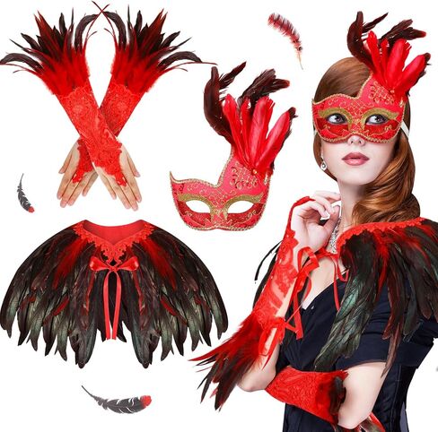 Xtinmee 3 Pcs Halloween Gothic Feather Costume Gothic Black Rooster Natural Feather Cape Shawl Shoulder Wrap Black Red Women's Feather Masquerade Mask Feather Lace Long Gloves Witch Spider Web in Saudi Arabia