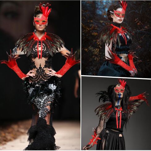 Xtinmee 3 Pcs Halloween Gothic Feather Costume Gothic Black Rooster Natural Feather Cape Shawl Shoulder Wrap Black Red Women's Feather Masquerade Mask Feather Lace Long Gloves Witch Spider Web in Saudi Arabia
