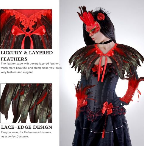 Xtinmee 3 Pcs Halloween Gothic Feather Costume Gothic Black Rooster Natural Feather Cape Shawl Shoulder Wrap Black Red Women's Feather Masquerade Mask Feather Lace Long Gloves Witch Spider Web in Saudi Arabia