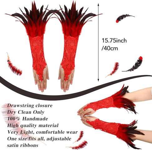 Xtinmee 3 Pcs Halloween Gothic Feather Costume Gothic Black Rooster Natural Feather Cape Shawl Shoulder Wrap Black Red Women's Feather Masquerade Mask Feather Lace Long Gloves Witch Spider Web in Saudi Arabia