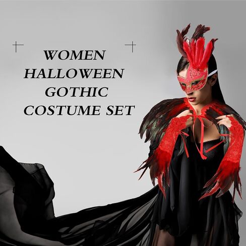 Xtinmee 3 Pcs Halloween Gothic Feather Costume Gothic Black Rooster Natural Feather Cape Shawl Shoulder Wrap Black Red Women's Feather Masquerade Mask Feather Lace Long Gloves Witch Spider Web in Saudi Arabia