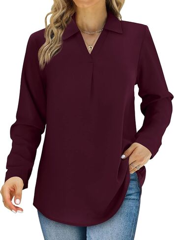 Saloogoe Womens Chiffon Blouse Business Dressy Casual Shirts V Neck Long Sleeve Tunic Tops in Kuwait