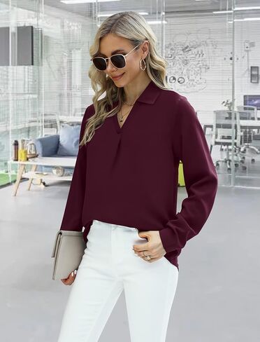 Saloogoe Womens Chiffon Blouse Business Dressy Casual Shirts V Neck Long Sleeve Tunic Tops in Kuwait