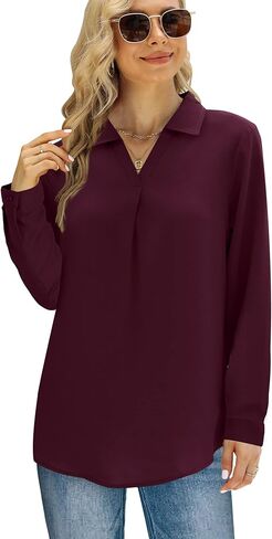 Saloogoe Womens Chiffon Blouse Business Dressy Casual Shirts V Neck Long Sleeve Tunic Tops in Kuwait