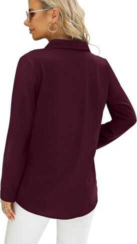 Saloogoe Womens Chiffon Blouse Business Dressy Casual Shirts V Neck Long Sleeve Tunic Tops in Kuwait