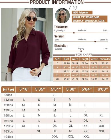 Saloogoe Womens Chiffon Blouse Business Dressy Casual Shirts V Neck Long Sleeve Tunic Tops in Kuwait