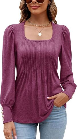 ZHENWEI المرأة ساحة الرقبة تونك القمم نفخة كم طويل مطوي تي شيرت فلوي زر الأصفاد بلوزة عصرية عادية in Kuwait