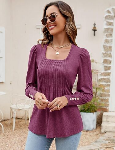 ZHENWEI المرأة ساحة الرقبة تونك القمم نفخة كم طويل مطوي تي شيرت فلوي زر الأصفاد بلوزة عصرية عادية in Kuwait