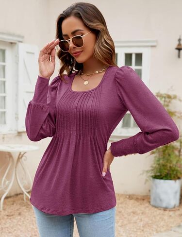 ZHENWEI المرأة ساحة الرقبة تونك القمم نفخة كم طويل مطوي تي شيرت فلوي زر الأصفاد بلوزة عصرية عادية in Kuwait