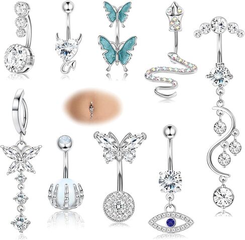 Fansilver 14G حلقات زر البطن الجراحية الصلب الفرس حلقات زر البطن المتدلية تشيكوسلوفاكيا حلقات السرة للنساء لطيف فراشة عين الشر القلب زر البطن ثقب الحديد مجوهرات الجسم in Kuwait