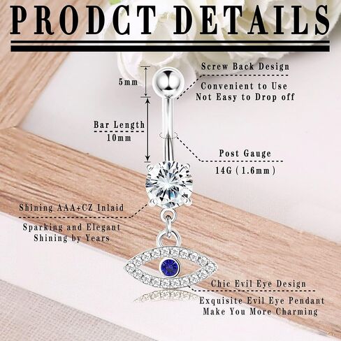 Fansilver 14G حلقات زر البطن الجراحية الصلب الفرس حلقات زر البطن المتدلية تشيكوسلوفاكيا حلقات السرة للنساء لطيف فراشة عين الشر القلب زر البطن ثقب الحديد مجوهرات الجسم in Kuwait