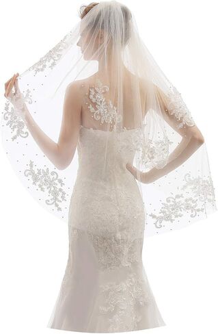 Elawbty Womens 2 Tier Fingertip Length Short Lace Pearl Wedding Bridal Veil With Comb X05 in Kuwait