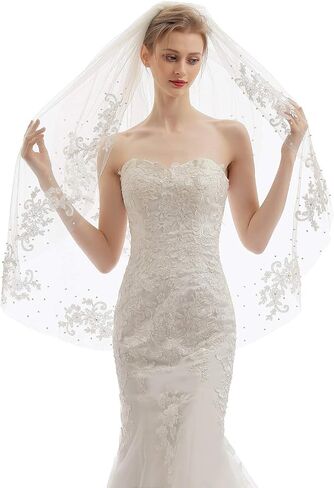 Elawbty Womens 2 Tier Fingertip Length Short Lace Pearl Wedding Bridal Veil With Comb X05 in Kuwait
