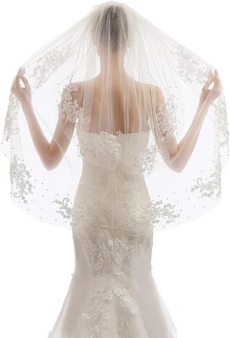 Elawbty Womens 2 Tier Fingertip Length Short Lace Pearl Wedding Bridal Veil With Comb X05 in Kuwait