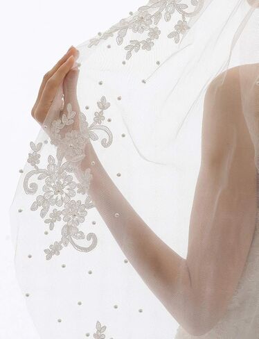 Elawbty Womens 2 Tier Fingertip Length Short Lace Pearl Wedding Bridal Veil With Comb X05 in Kuwait