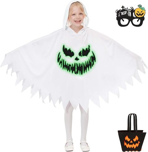 QUJQOM Ghost Costume Kid White Ghost Boo Toddler Halloween Costume Glow in Dark Hooded Cloak Spooky Trick or Treating Cosplay in Kuwait