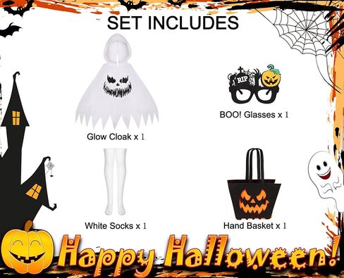 QUJQOM Ghost Costume Kid White Ghost Boo Toddler Halloween Costume Glow in Dark Hooded Cloak Spooky Trick or Treating Cosplay in Kuwait