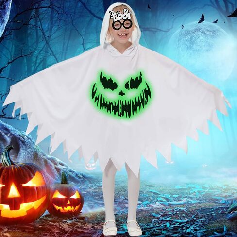QUJQOM Ghost Costume Kid White Ghost Boo Toddler Halloween Costume Glow in Dark Hooded Cloak Spooky Trick or Treating Cosplay in Kuwait