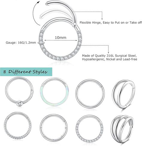 FIRAZIO 8 قطع 16 جرام من الفولاذ الجراحي المفصلي حلقة الأنف للنساء تشيكوسلوفاكيا الحاجز الفرس الجزء حلقات الأنف حلقات الغضروف أقراط اللولب الزنمة محارة الشفاه الأنف Daith ثقب المجوهرات 8 مم 10 مم in Kuwait