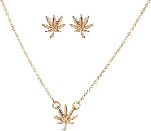 مجموعة إكسسوارات LUX ACCESSORIES قلادة وأقراط برمز عشبة الماريجوانا الذهبية in Saudi Arabia